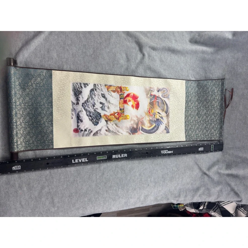 Chinese Wall Scroll Red‎ Koi Fish Leaping Dragon Gate Silk Brocade Hanging Art